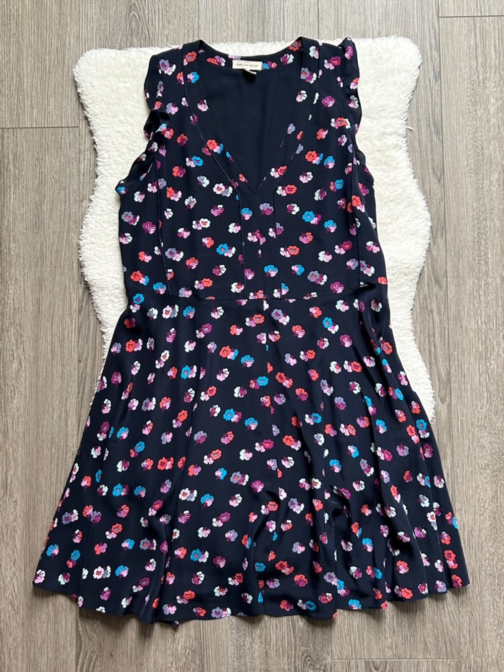 Rebecca Taylor Silk Navy Floral V-Neck Mini Dress